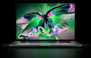MacBook Pro con pantalla PROLED XDR, tapa abierta, color plata, la pantalla muestra una imagen detallada de alto contraste con colores vivos, la pantalla ilumina el teclado