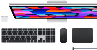AirPods, Studio Display, Magic Keyboard, Magic Mouse, Magic Trackpad y cable de carga MagSafe