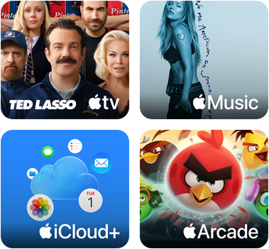Cuatro recuadros, recuadro de Apple TV con personajes de la serie Ted Lasso, recuadro de Apple Music con la portada del álbum 5ive de Davido, recuadro de iCloud Plus con una nube rodeada de iconos de la app Fotos, Calendario, Mail, Recordatorios, Mensajes y Archivos, recuadro de Apple Arcade con personajes del juego Angry Birds