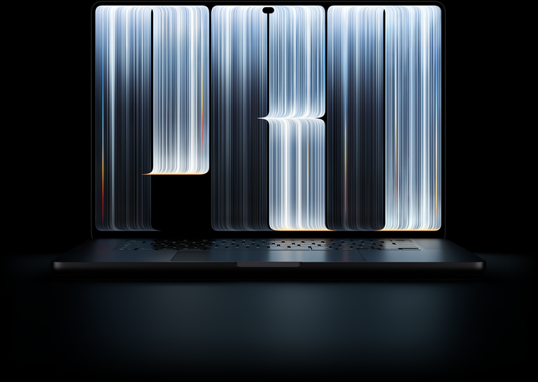 MacBook Pro con pantalla PROLED XDR, color negro espacial, en la pantalla aparecen formas entrelazadas con un denso patrón de franjas brillantes que componen la palabra «Pro».