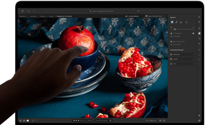 MacBook Pro con pantalla PROLED XDR con una imagen con frutas, cuencos de cerámica y tejidos azules, una mano se acerca a la pantalla para interactuar con la obra de arte