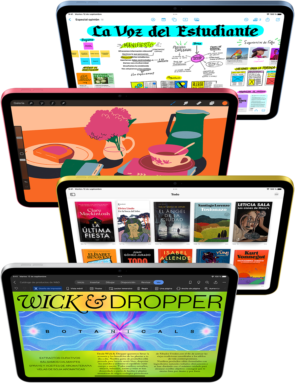 Vista de Keynote, Procreate, iMovie, Microsoft Excel y WebEx.