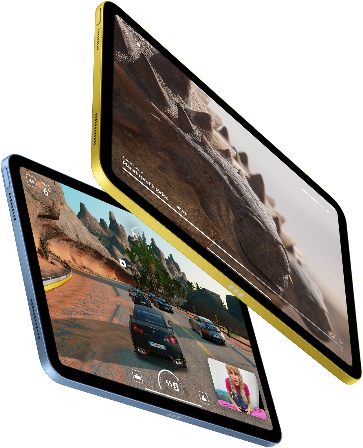 Vista de un iPad con Apple TV+ y otro con un juego en SharePlay.