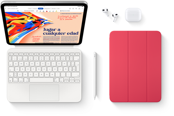 Vista de un iPad, un Magic Keyboard Folio, un Apple Pencil, unos AirPods y una funda Smart Folio.