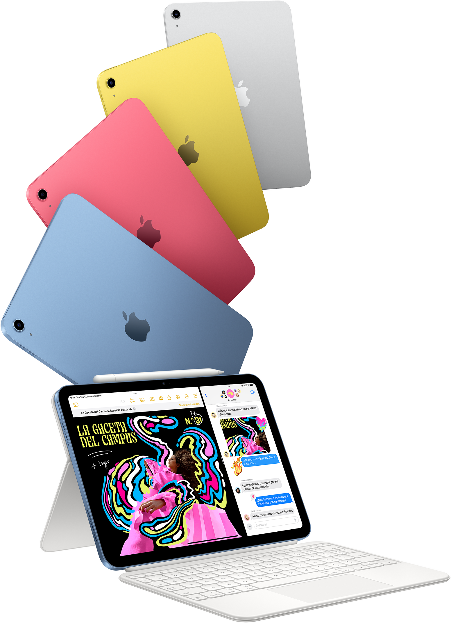iPad en azul, rosa, amarillo y plata junto a otro iPad acoplado a un Magic Keyboard Folio.