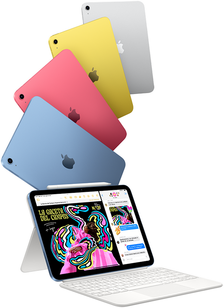 iPad en azul, rosa, amarillo y plata junto a otro iPad acoplado a un Magic Keyboard Folio.