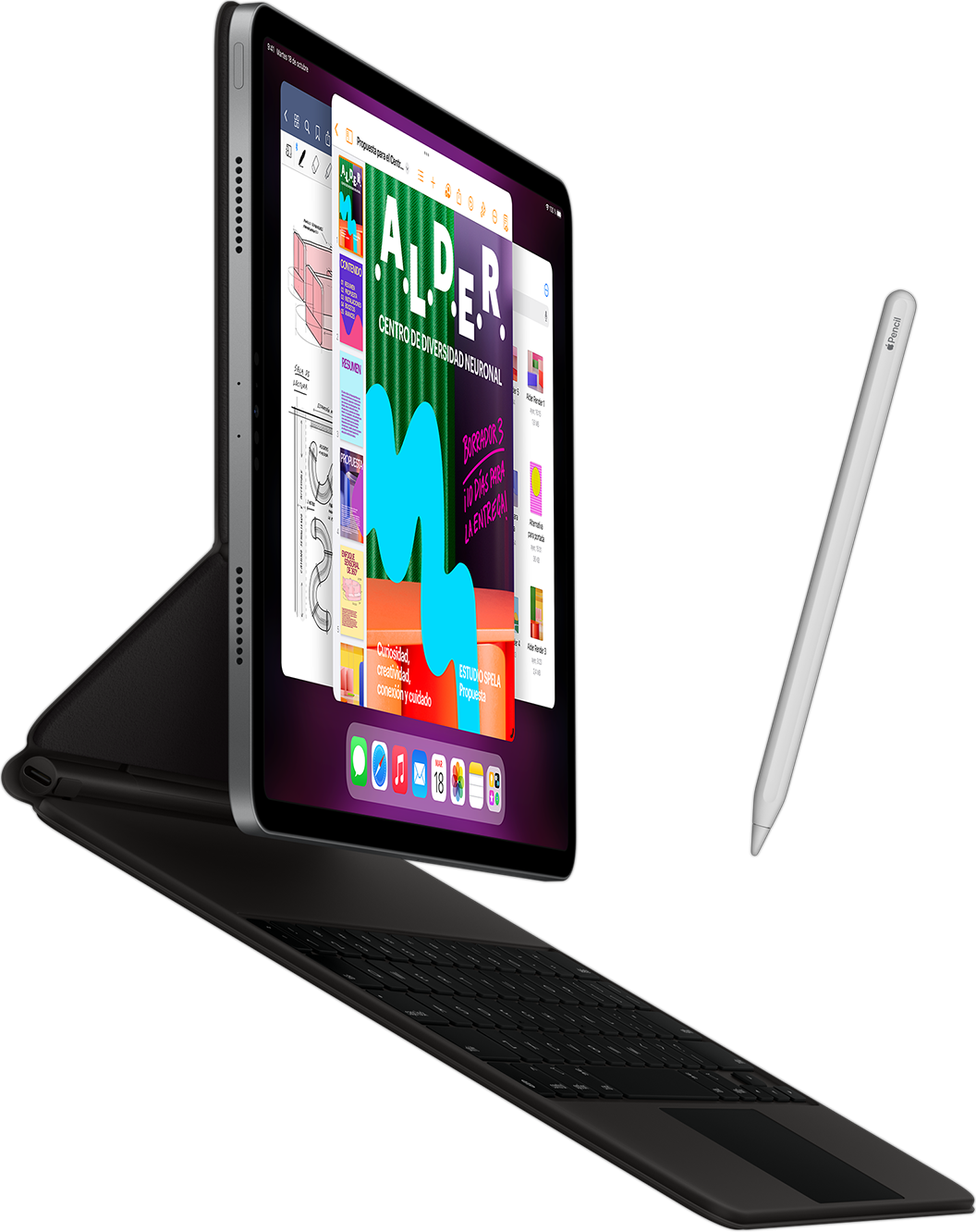 Vista lateral de un iPad Pro con un Smart Keyboard Folio acoplado y un Apple Pencil