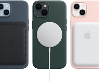 Fundas con MagSafe para el iPhone 14 en color medianoche, verde bosque y rosa caliza, además de varios accesorios MagSafe, como una cartera, un cargador y una batería.
