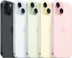 Vista trasera de un iPhone 15 que muestra el sistema avanzado de cámara y el vidrio tintado en masa en todos los acabados: negro, azul, verde, amarillo y rosa.