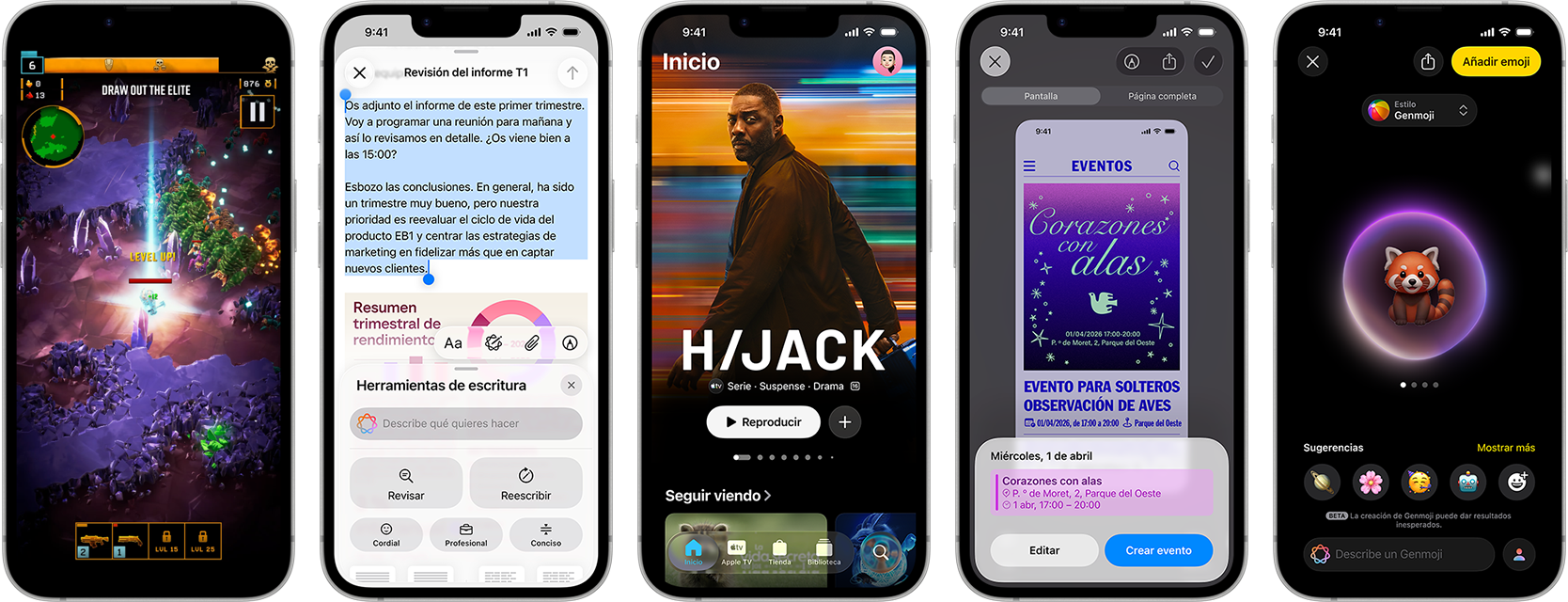 Varios iPhone 17e uno al lado del otro que muestran distintas pantallas: un juego, Herramientas de Escritura, la app Apple TV, la creación de un evento en el calendario y la creación de un Genmoji