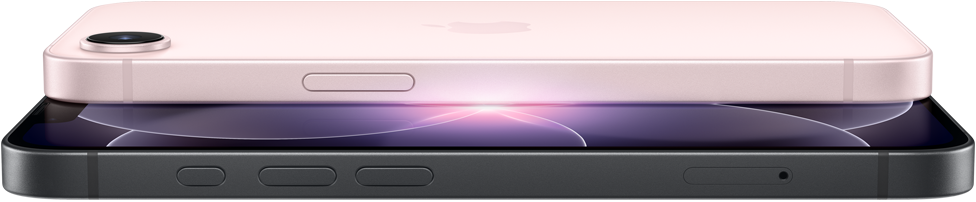 iPhone 17e, parte lateral y trasera en horizontal, color rosa palo, iPhone 17e, parte lateral y delantera en horizontal, color negro