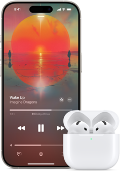 Un iPhone al lado de unos AirPods Pro en un estuche de carga abierto