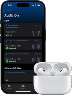 Unos AirPods Pro en su estuche junto a un iPhone que muestra la pantalla de una prestación de salud auditiva