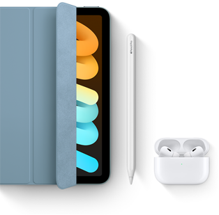 Un iPad mini con una funda Smart Folio, un Apple Pencil Pro y unos AirPods Pro