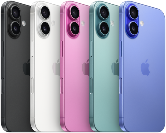 Vista trasera del iPhone 16 en los cinco acabados disponibles (negro, blanco, rosa, verde azulado y azul ultramar) que muestra el sistema avanzado de cámara dual elevado y el logotipo de Apple en el centro