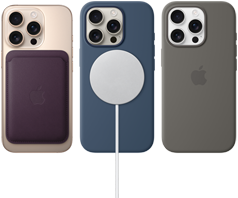 Vista trasera de tres iPhone 16 Pro con accesorios MagSafe acoplados: una cartera de trenzado fino con MagSafe, un cargador MagSafe y una funda de silicona con MagSafe