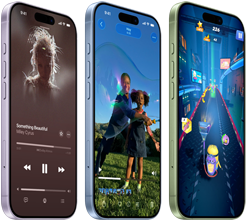 Dispositivos iPhone 17, parte delantera, parte lateral, demostración de Apple Music, reproducción de vídeo, juegos, botones: Acción, volumen