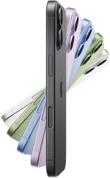 iPhone 17, parte exterior, cinco colores: negro, lavanda, azul neblina, verde salvia y blanco.