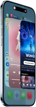 iPhone Air, parte delantera, parte lateral, diseño ultrafino, Dynamic Island centrada en el extremo superior, prestación Selector de App en uso, botones: Acción, volumen