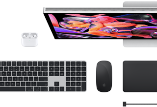 Accesorios para el Mac: Airpods, Studio Display, Magic Keyboard, Magic Mouse, Magic Trackpad, cable de carga MagSafe en negro espacial