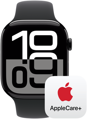 Un Apple Watch Series 10 al lado de un logotipo que representa la cobertura de AppleCare+