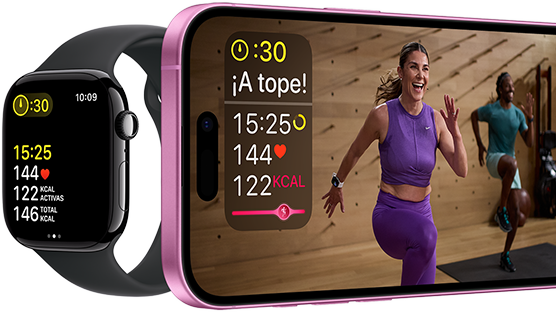 Métricas de entreno en un Apple Watch Series 10 y un iPhone