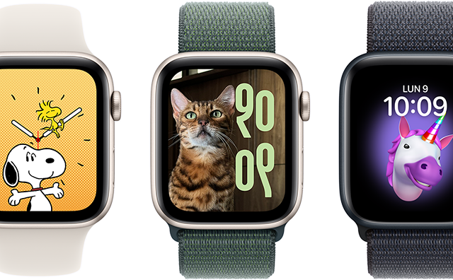 Varias esferas, entre ellas Memoji, Fotos, Retratos y Snoopy, en seis modelos de Apple Watch