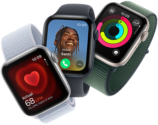 Control de la frecuencia cardiaca, una llamada entrante y los anillos de Actividad en tres modelos de Apple Watch