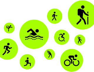 Iconos de Entreno, figuras animadas corren, andan, nadan, van en silla de ruedas, hacen senderismo, montan en bici, hacen zancadas, bailan, estiran y hacen yoga